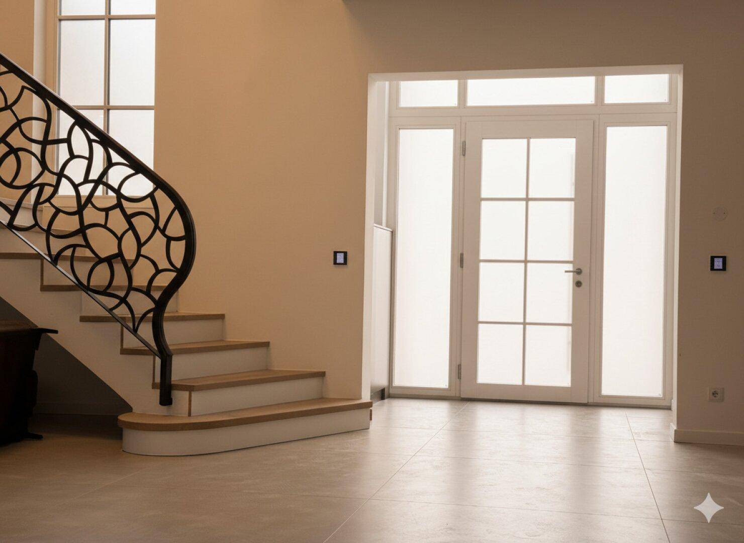 Heller Eingangsbereich mit eleganter Treppe und großen, lichtdurchlässigen Fenstern.