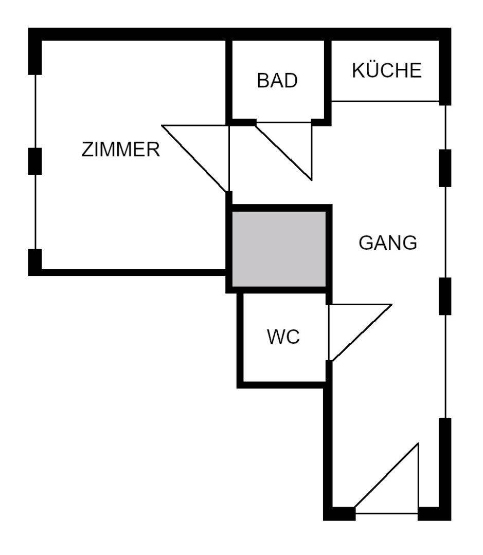 Übersichtlicher Grundrissplan zeigt die Aufteilung in Zimmer, Bad, Küche, WC und Gang.