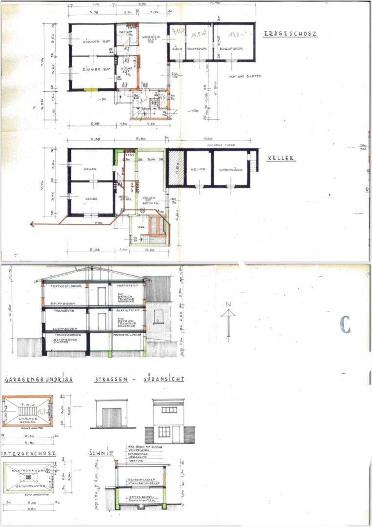 Detaillierter Grundriss mit Erdgeschoss, Keller und Garagenlayout sowie Ansichten des Gebäudes.