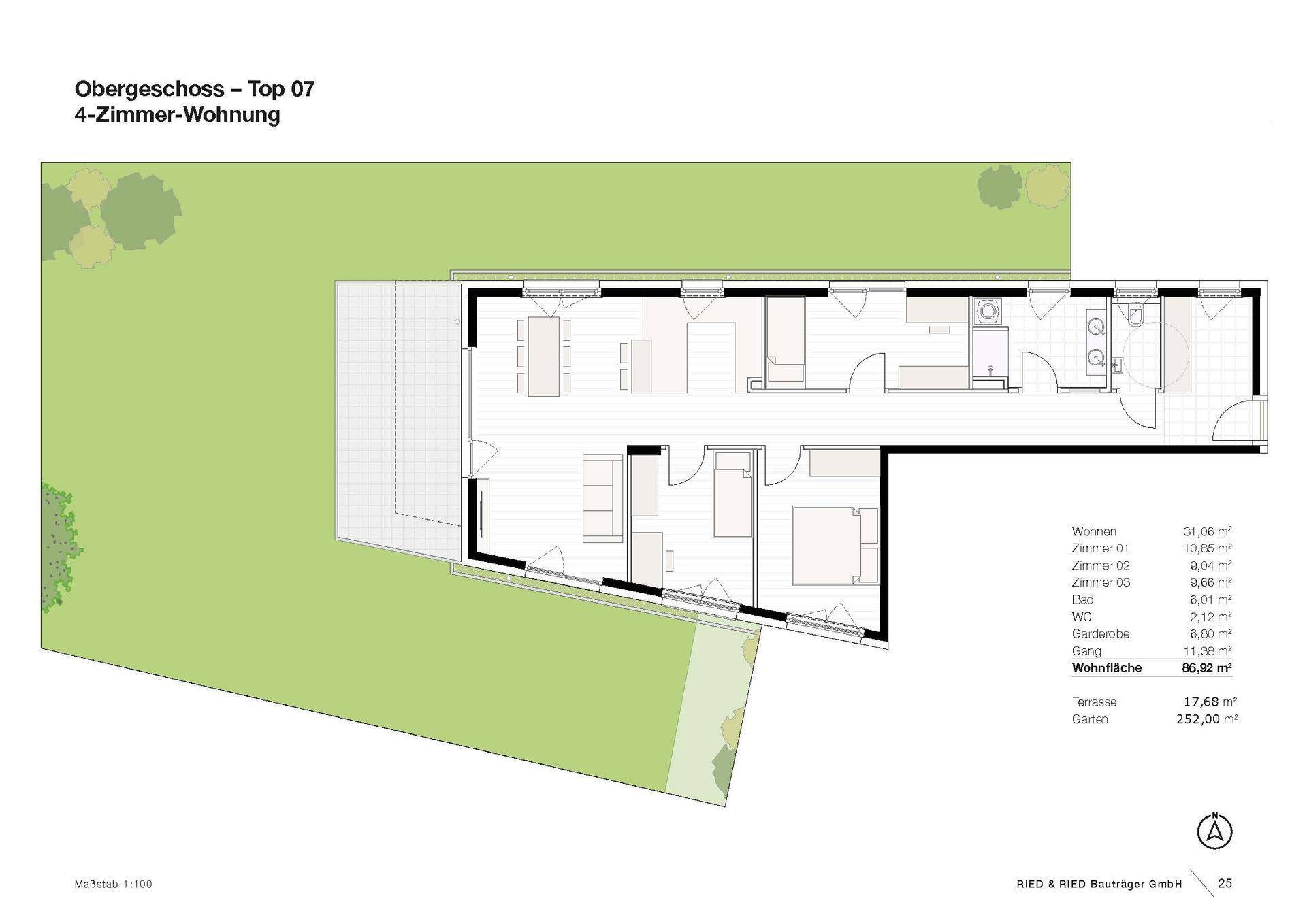 Grundriss einer 4-Zimmer-Wohnung im Obergeschoss mit Terrasse und Gartenanteil.