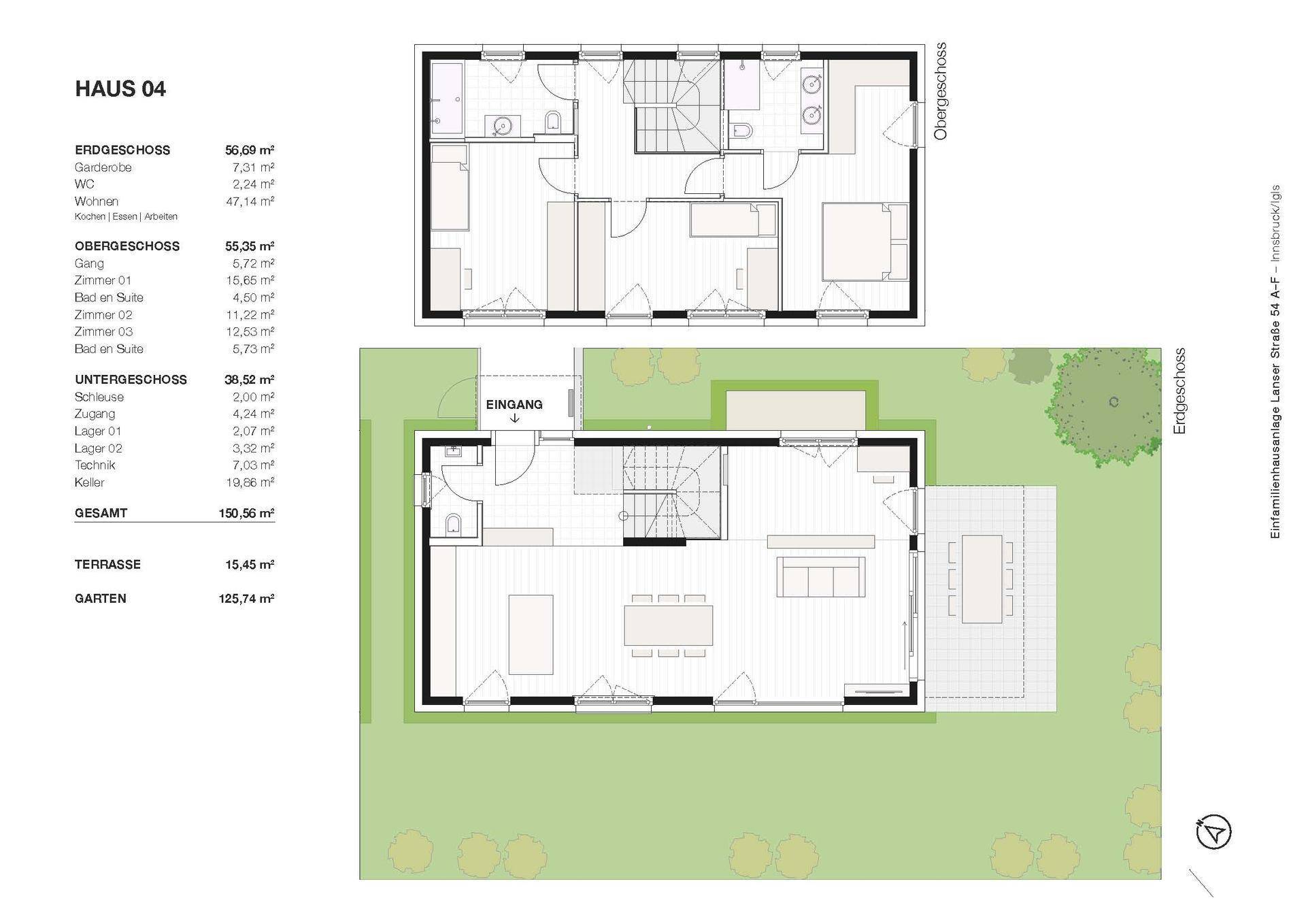 Grundriss für Haus 04 mit Erdgeschoss und Obergeschoss, inklusive Terrasse und Garten.