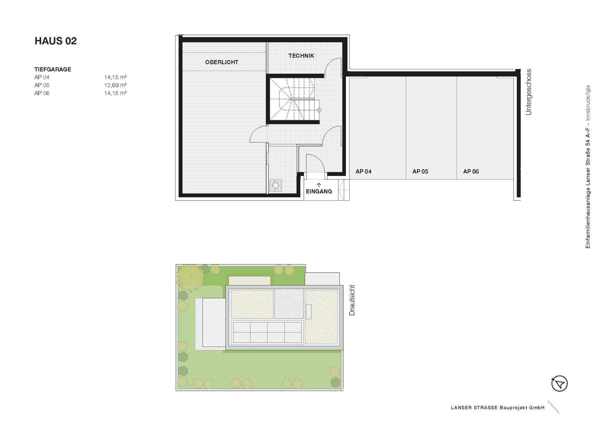 Grundriss des Untergeschosses von Haus 02 mit Tiefgarage und Technikraum, sowie Draufsicht.