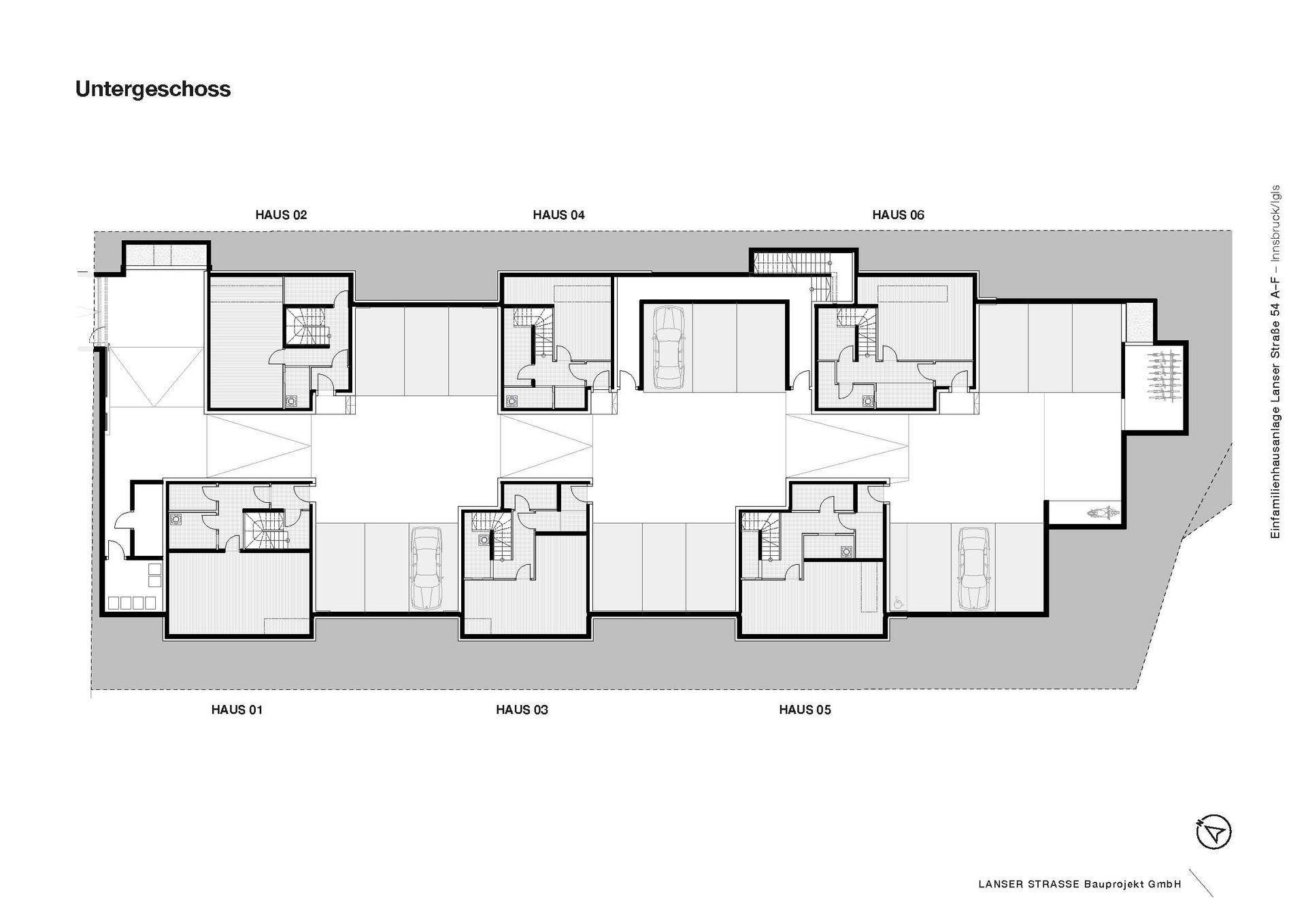 Grundriss des Untergeschosses für alle sechs Häuser mit Tiefgaragenstellplätzen und Kellerräumen.