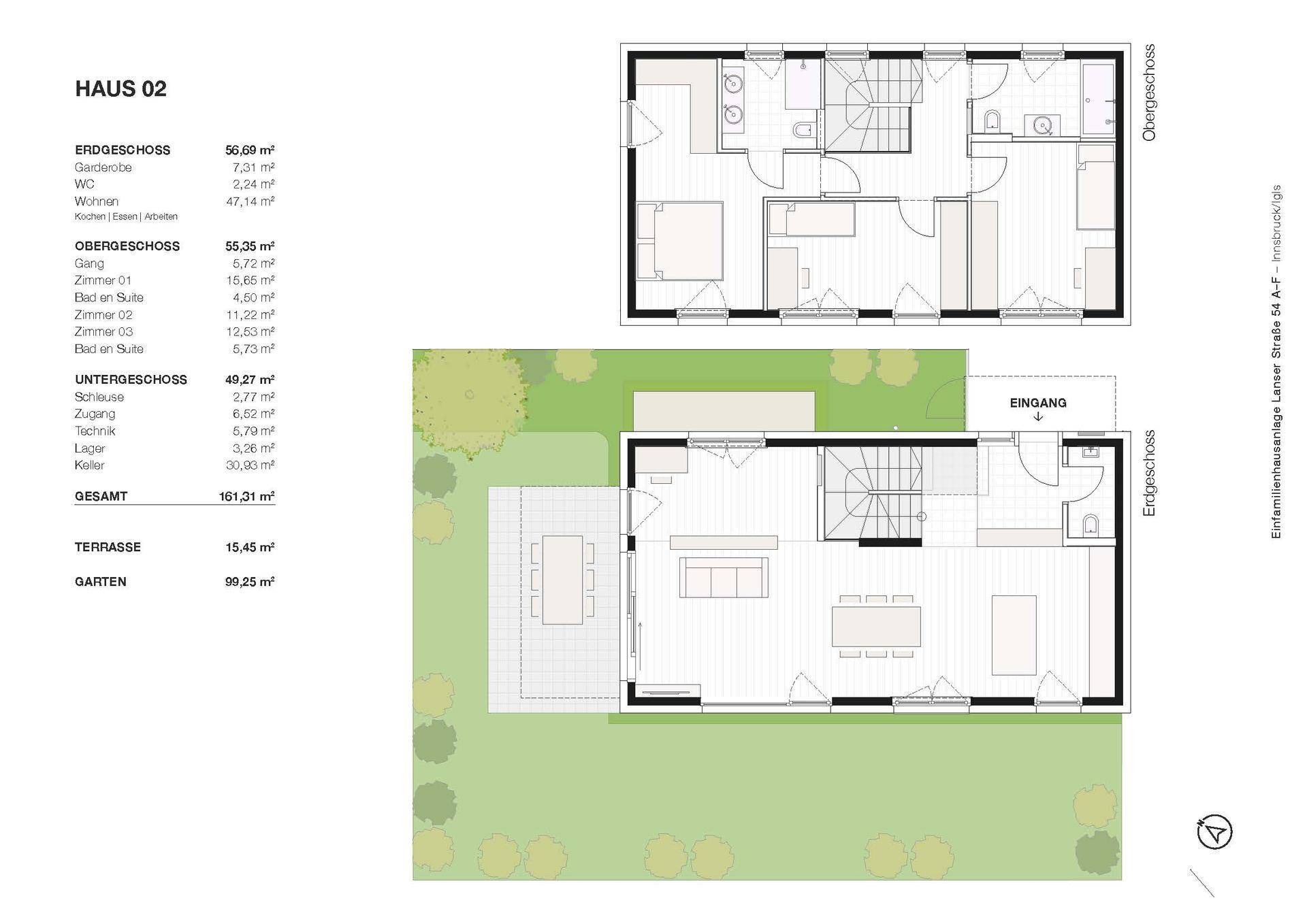 Grundriss von Haus 02 mit Erdgeschoss und Obergeschoss, inklusive Terrasse und Gartenbereich.