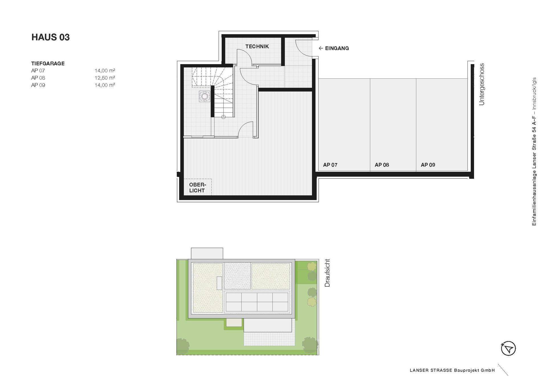 Grundriss von Haus 03 mit Tiefgarage im Untergeschoss und einer Draufsicht des Gebäudes.