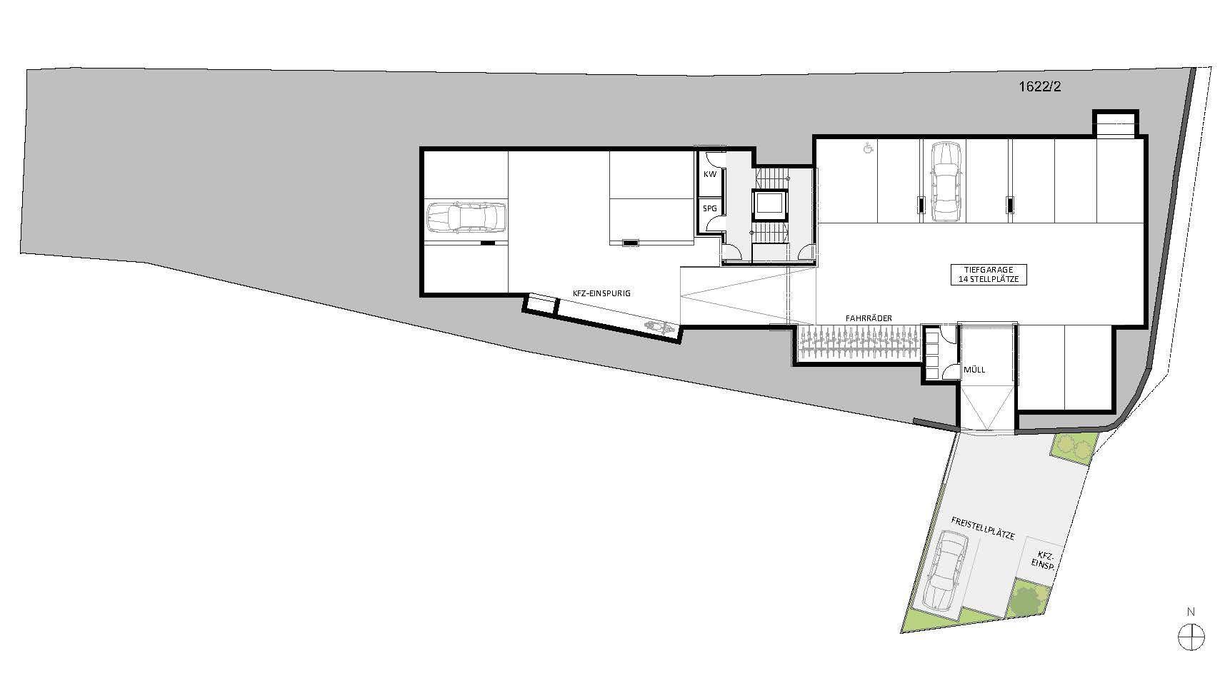 Grundriss der Tiefgarage mit Stellplätzen, Fahrradraum und Technikbereichen.