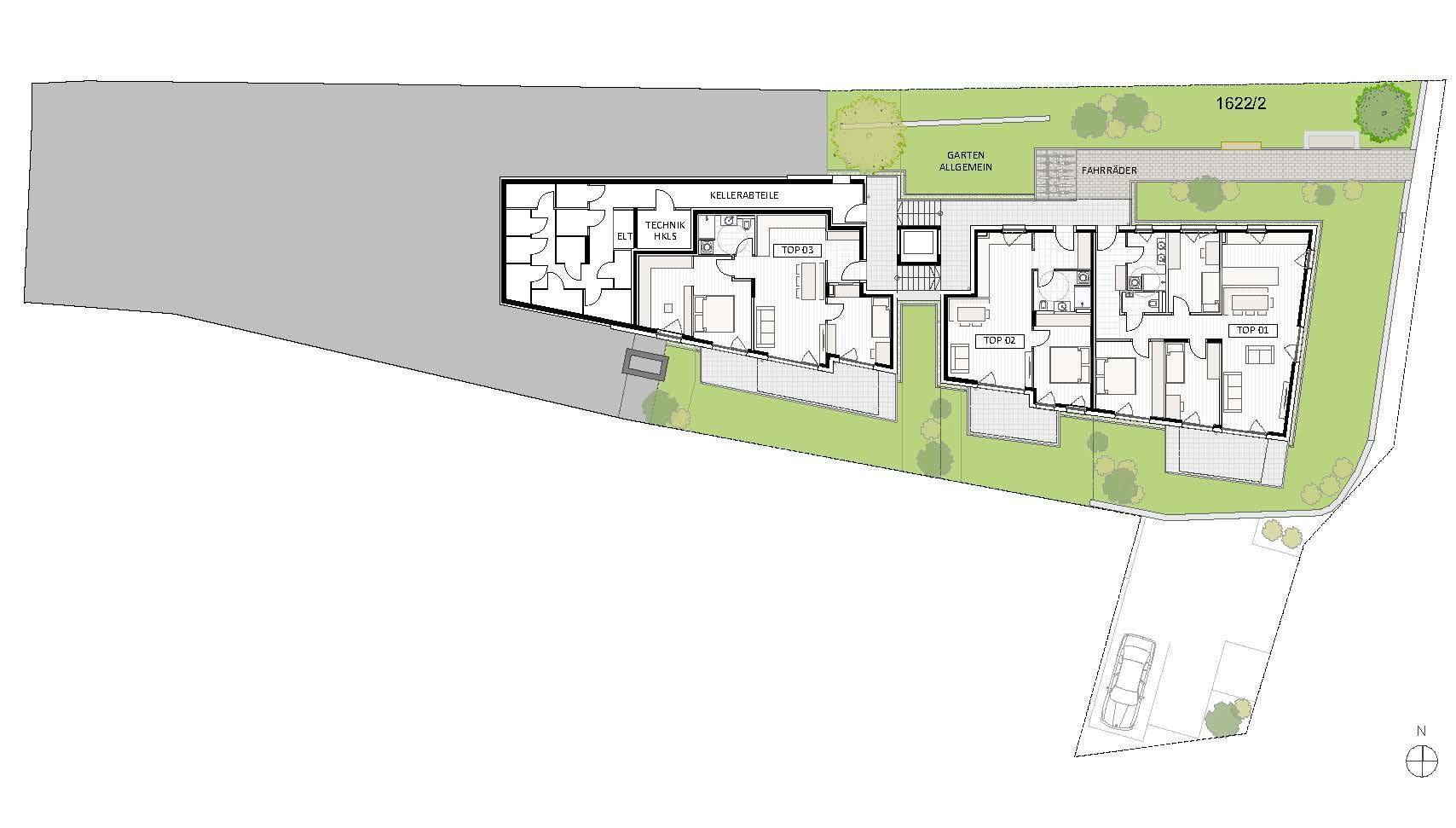 Grundriss des Untergeschosses mit Kellerabteilen, Technikräumen und Fahrradraum.