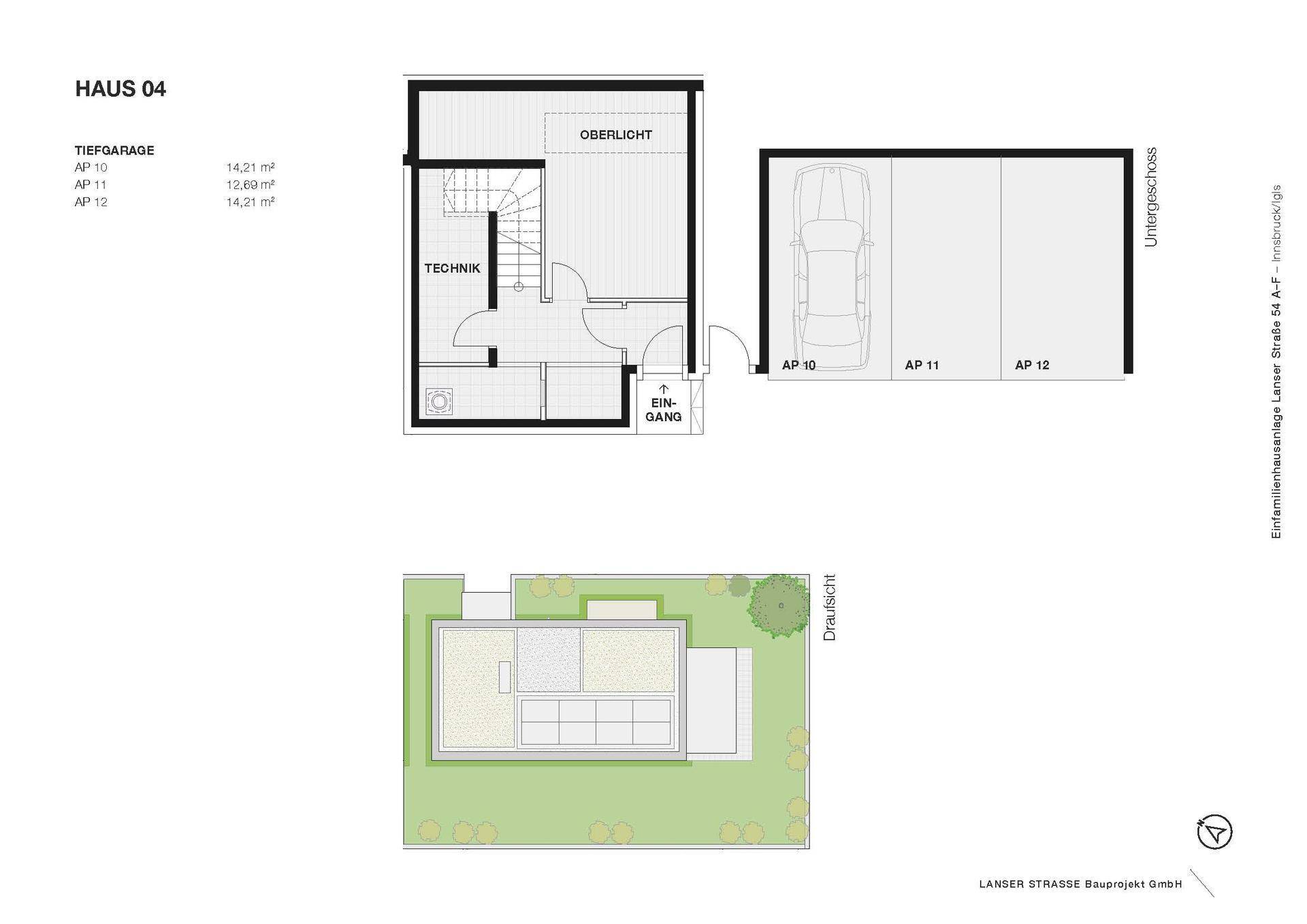 Grundriss für Haus 04 mit Untergeschoss, Technikraum und Tiefgaragenstellplätzen.