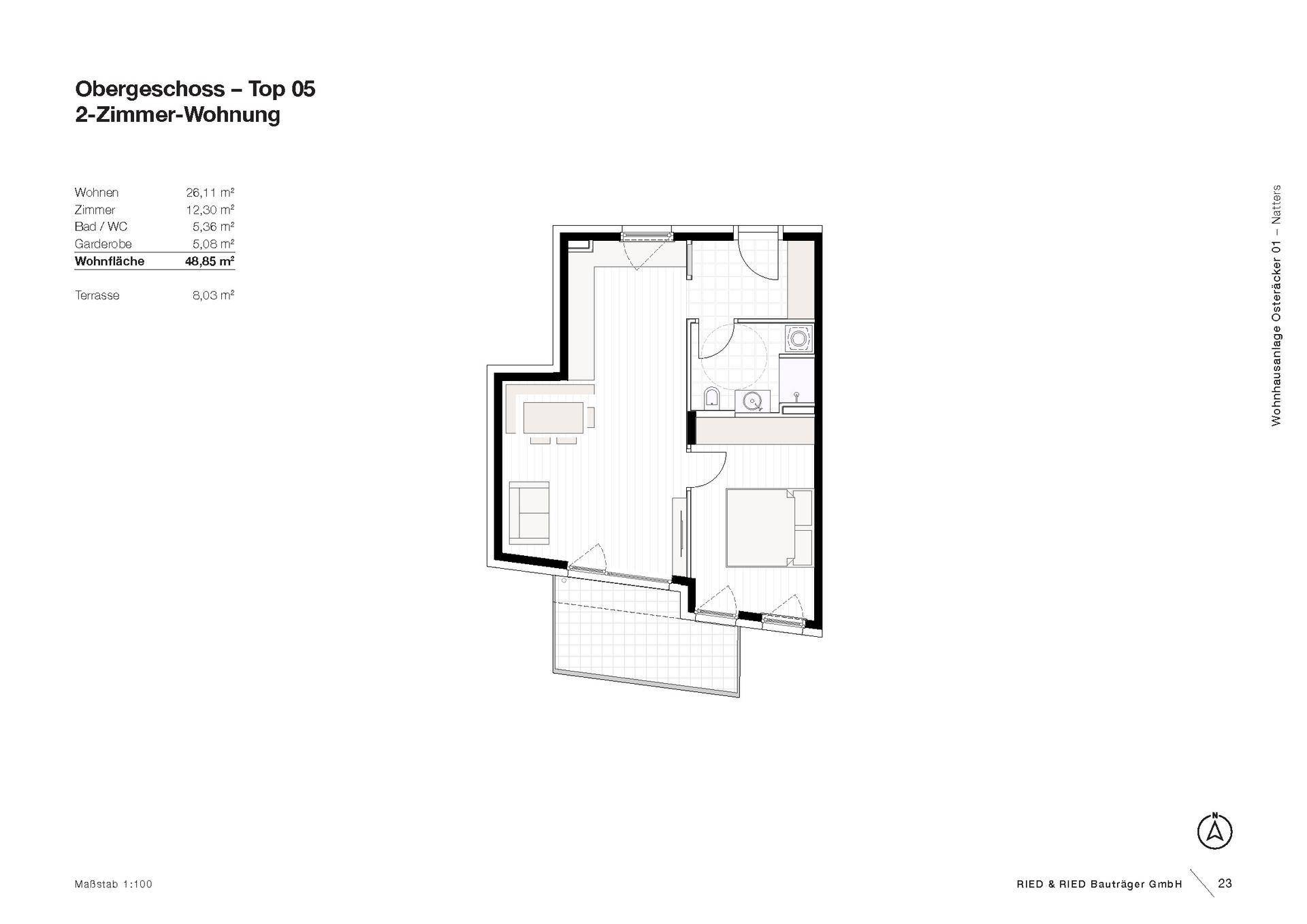 Grundriss einer 2-Zimmer-Wohnung im Obergeschoss mit Terrasse und offenem Wohnbereich.