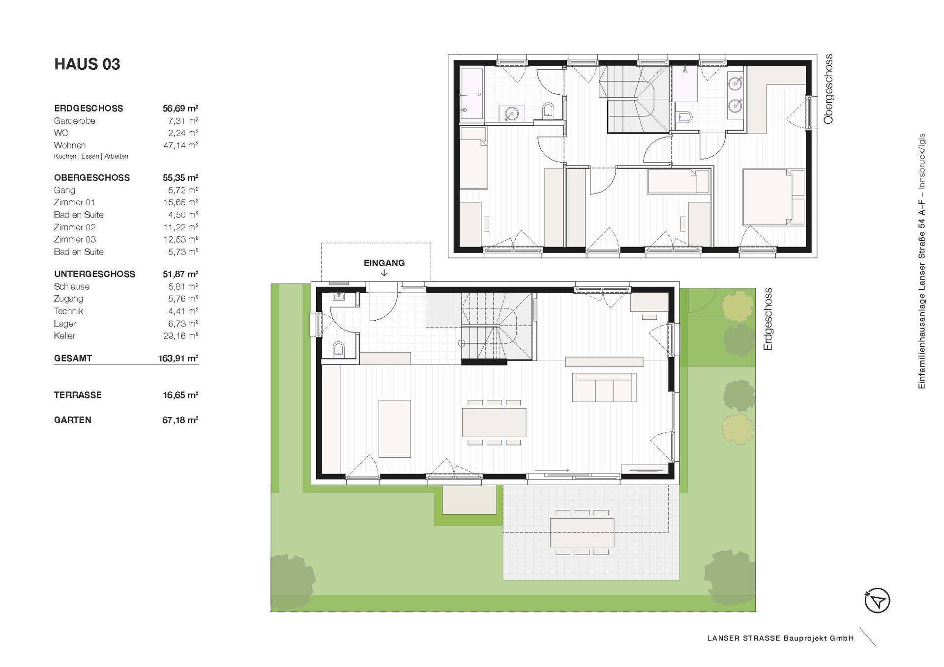 Grundriss von Haus 03 mit Erdgeschoss und Obergeschoss, inklusive Terrasse und Gartenbereich.