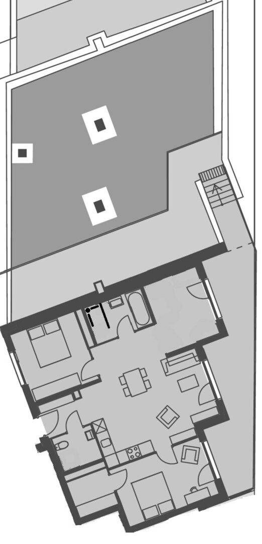 Grundriss einer Wohnung mit offenem Wohnbereich, Schlafzimmern und Dachterrasse.