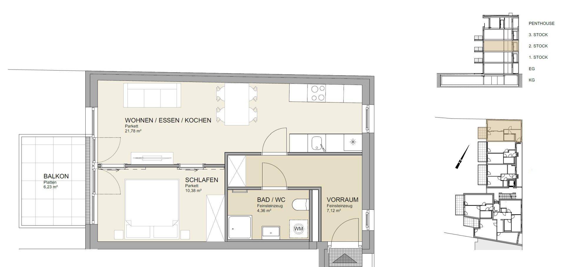 Grundriss einer Wohnung mit offenem Wohn-Ess-Kochbereich, Schlafzimmer und Balkon.