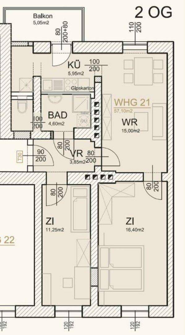 Grundriss der Wohnung im zweiten Obergeschoss mit Balkon, Küche und drei Zimmern.