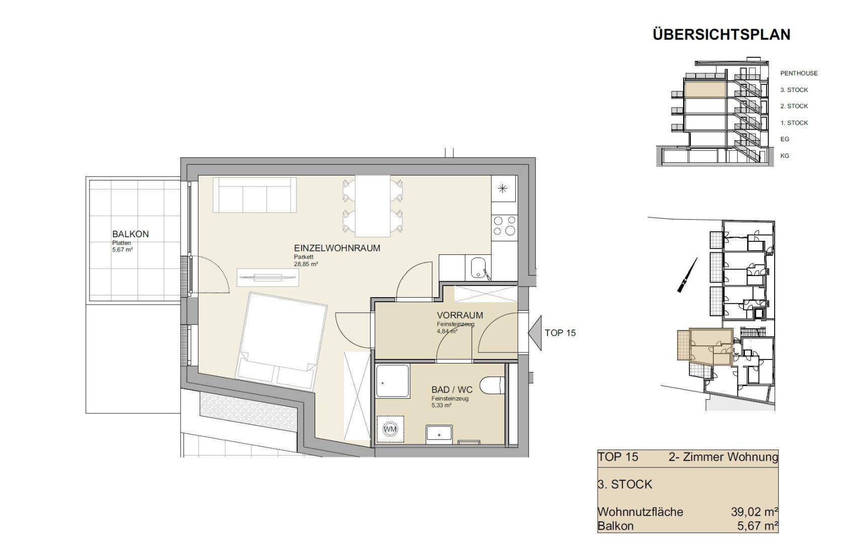 Grundriss einer 2-Zimmer-Wohnung im 3. Stock mit Balkon und offenem Wohnbereich.