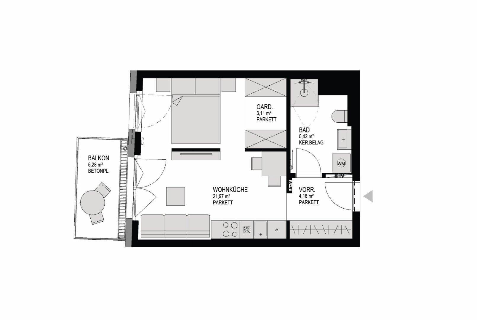 Grundriss der Wohnung mit Balkon, Wohnküche, Schlafzimmer und Bad.
