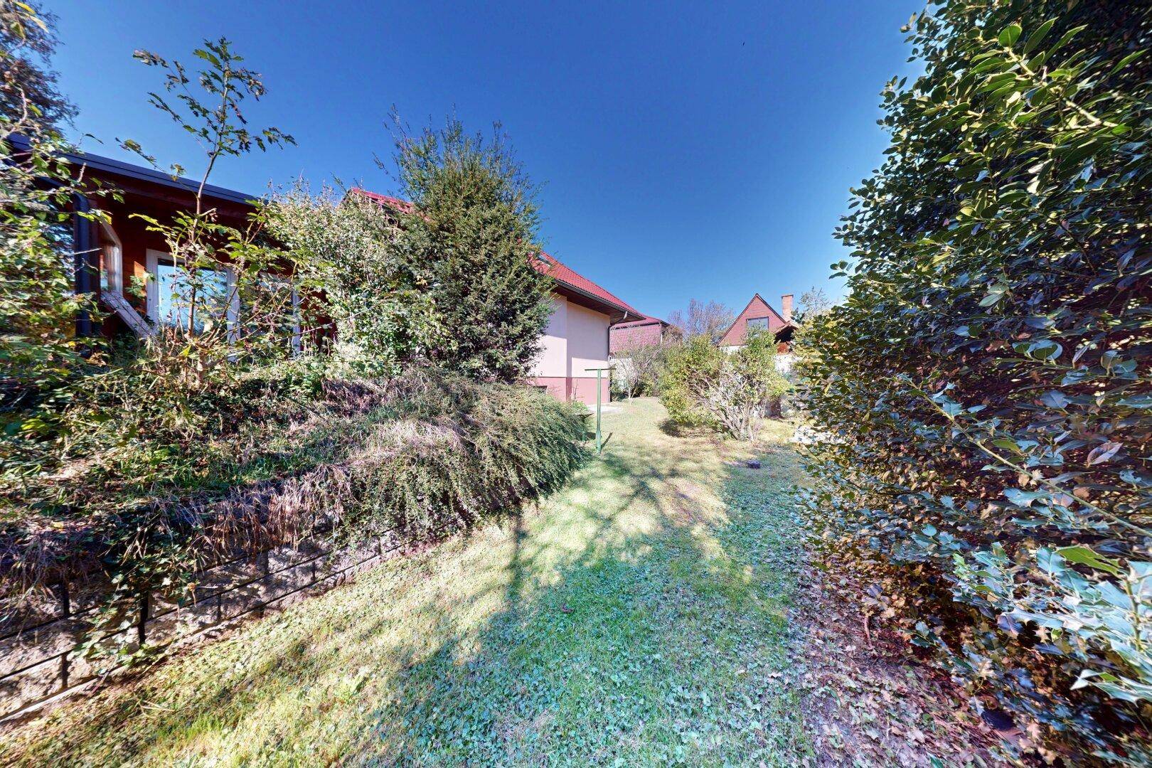 Schmaler Gartenweg zwischen dichten Hecken und Bäumen, der zum Haus führt.