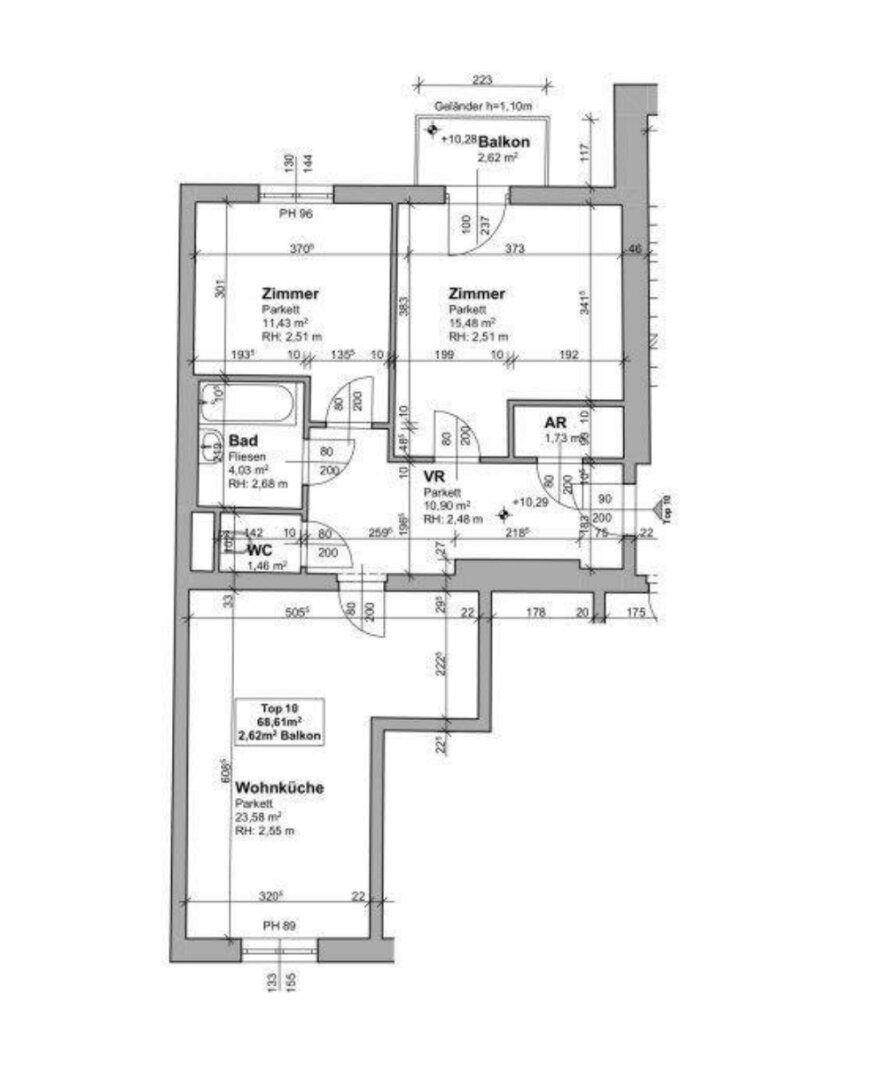 Grundriss der Wohnung mit drei Zimmern, Wohnküche, Bad, WC und zwei Balkonen.