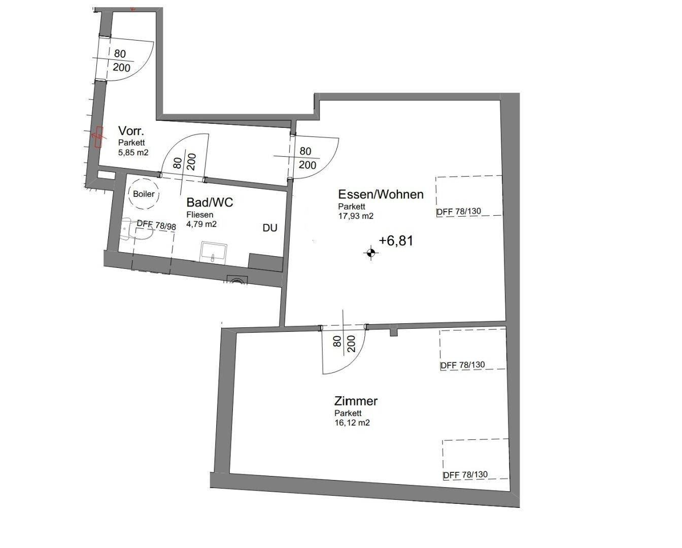 Grundriss einer Wohnung mit Wohn-Essbereich, einem Zimmer, Bad/WC und Vorraum, inklusive Flächenangaben.
