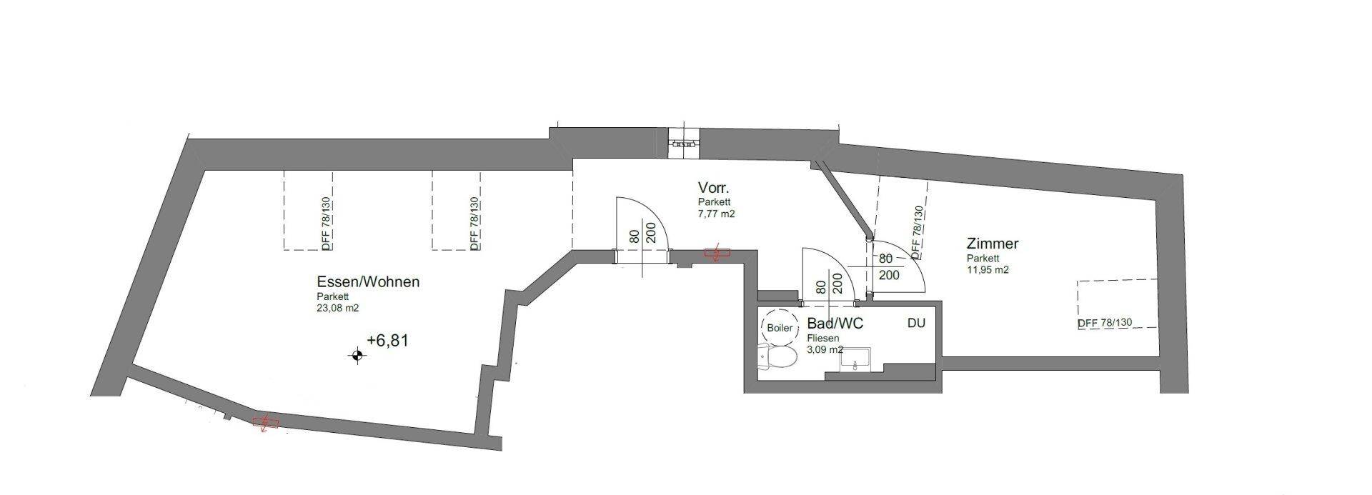 Grundriss einer Dachgeschosswohnung mit Wohn-Essbereich und separatem Zimmer.