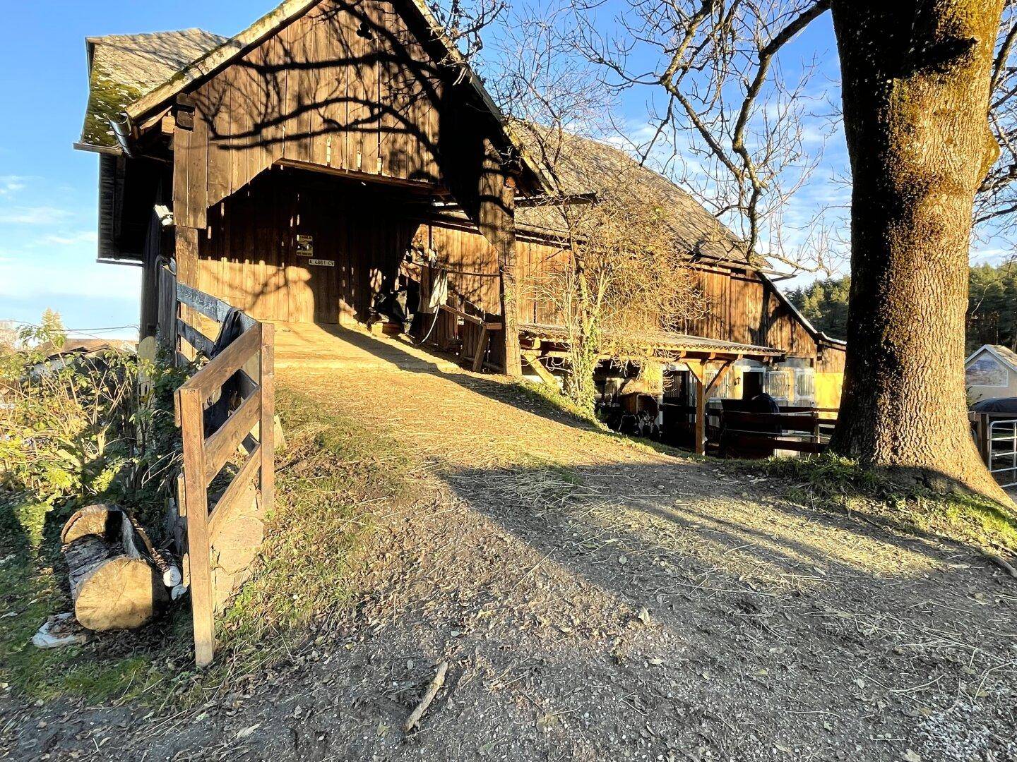 Große hölzerne Scheune mit rustikaler Fassade und einem ansteigenden Feldweg im Sonnenlicht.