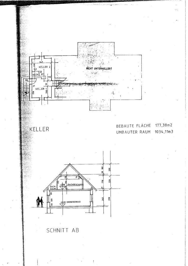 Grundriss des Kellers und Gebäudeschnitt mit Dachgeschoss.