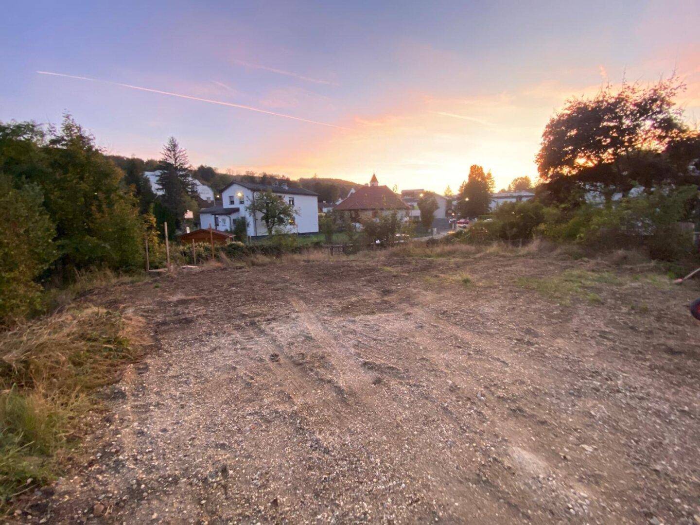 Weitläufiges, geräumtes Grundstück im Abendlicht mit Blick auf die umliegende Landschaft.