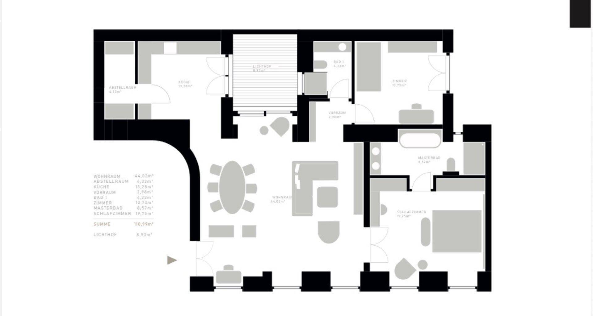 Möblierter Grundriss der Wohnung mit vorgeschlagenem Layout für Wohn- und Schlafbereiche.