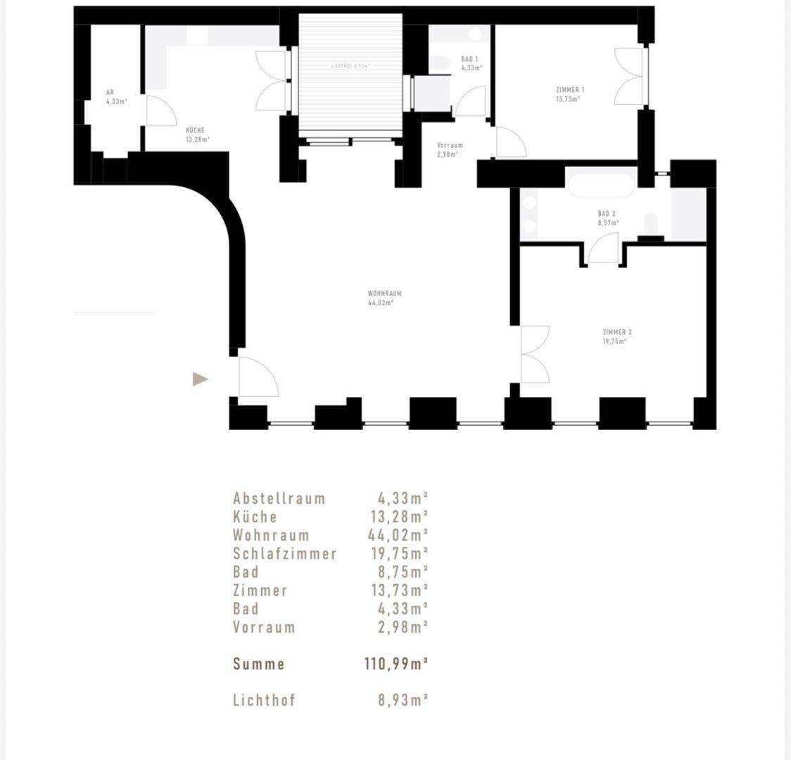Grundriss der Wohnung mit Raumaufteilung und Flächenangaben in Quadratmetern.