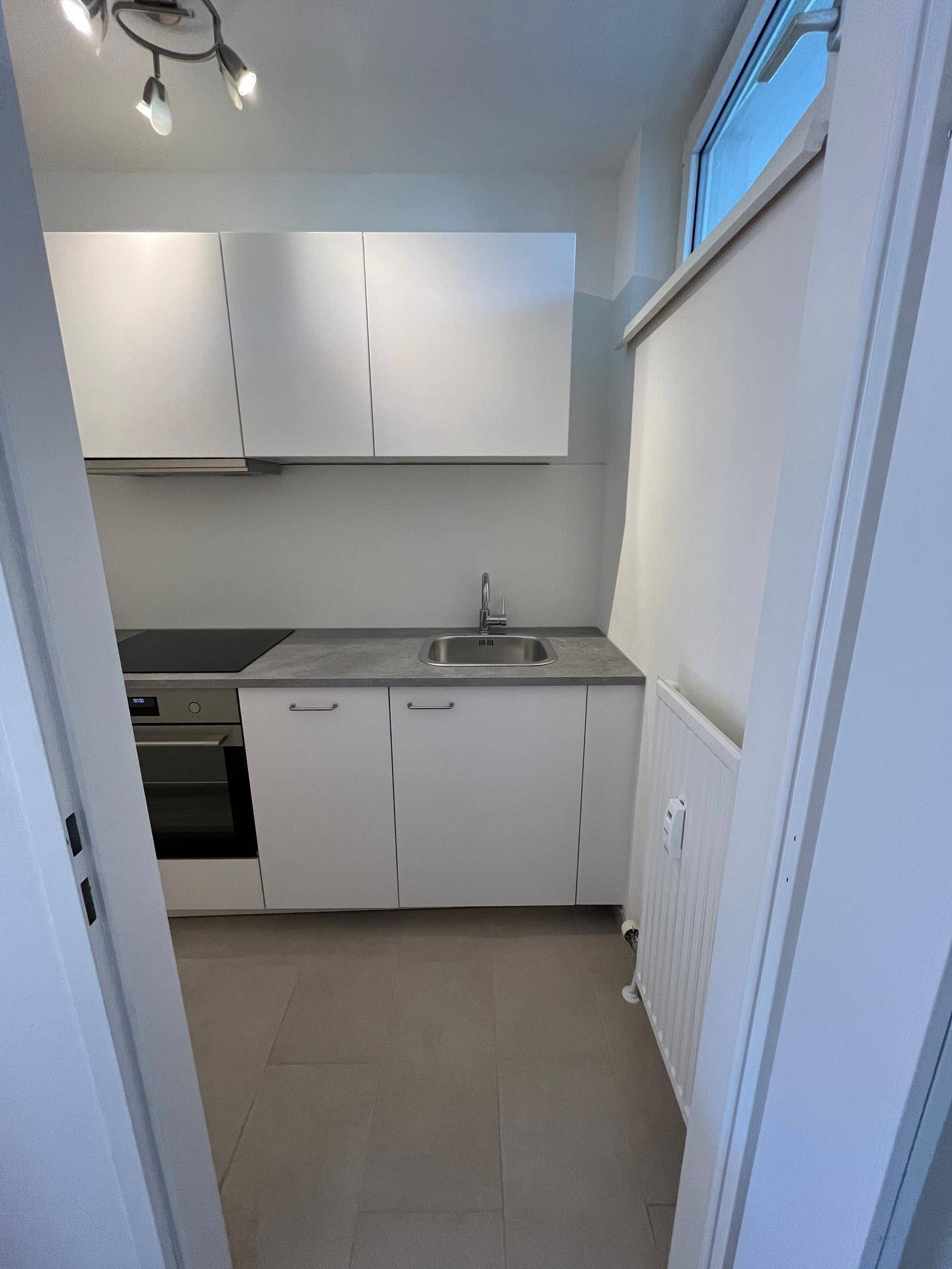 Kleine, moderne Küche mit weißen Schränken, integriertem Kochfeld und Backofen.