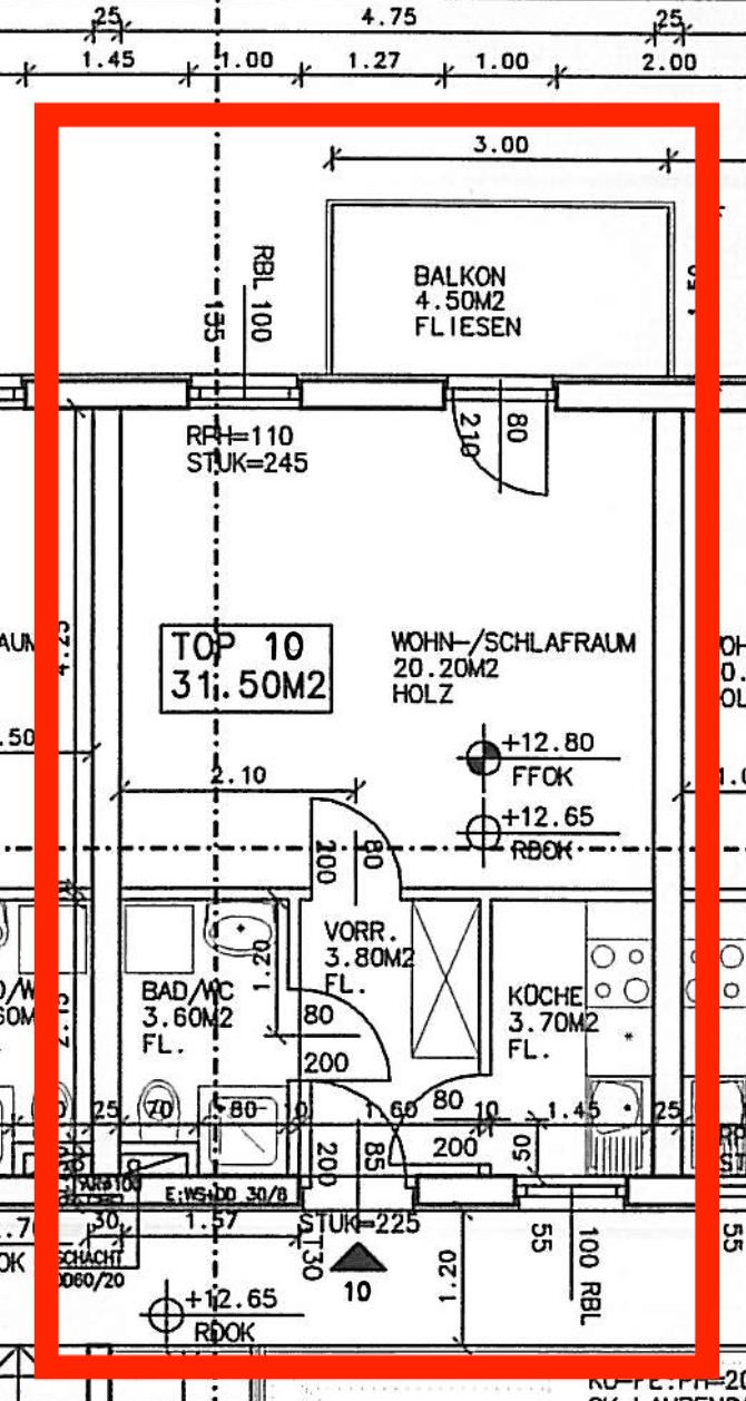 Grundriss der Wohnung Top 10 mit 31,50m² Wohn-/Schlafraum und Balkon.