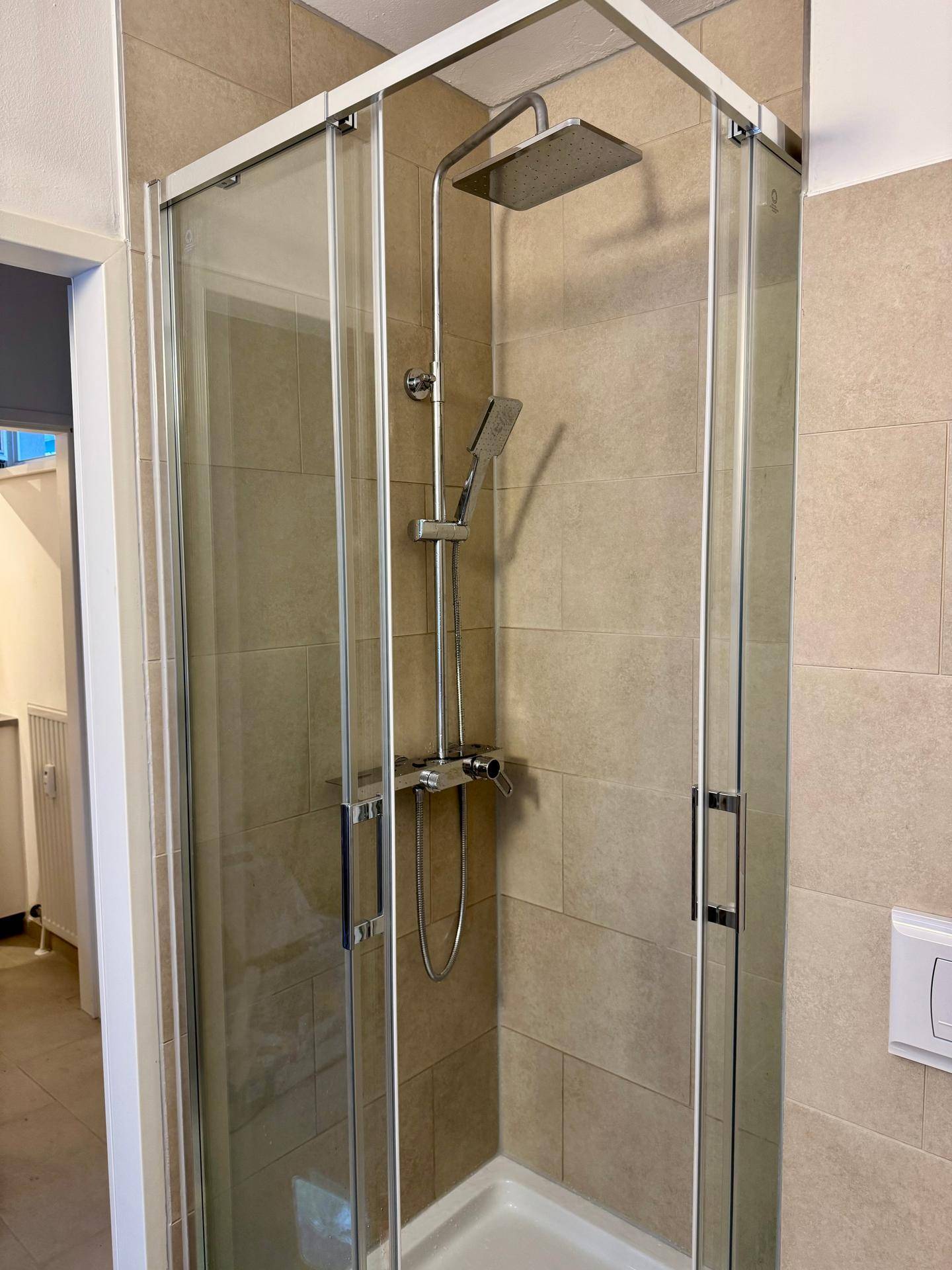 Duschkabine mit Regenduschkopf und Handbrause in einem modern gefliesten Badezimmer.