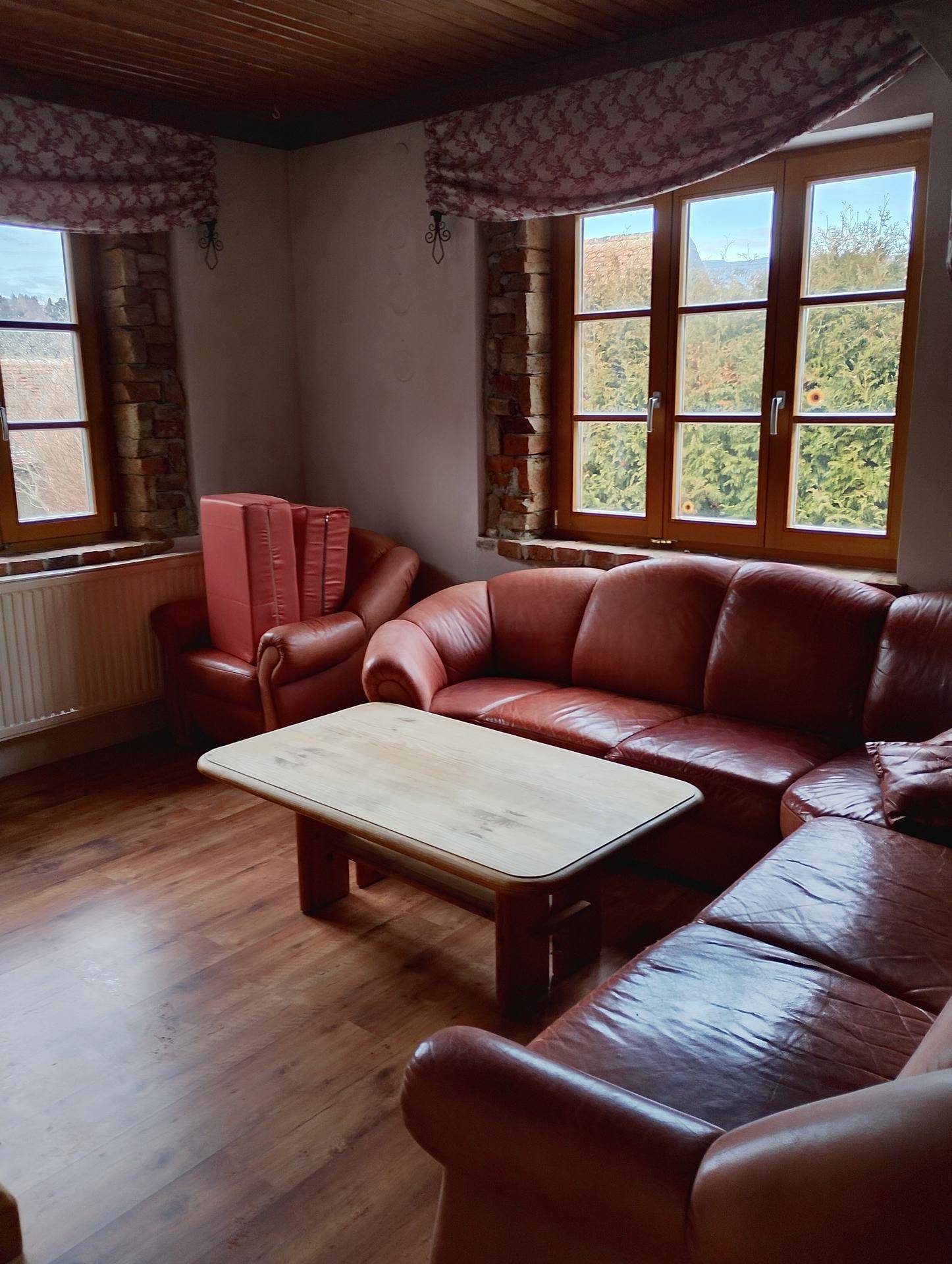 Wohnzimmer mit Ledersofas, Holztisch und Fenstern mit Blick ins Grüne.