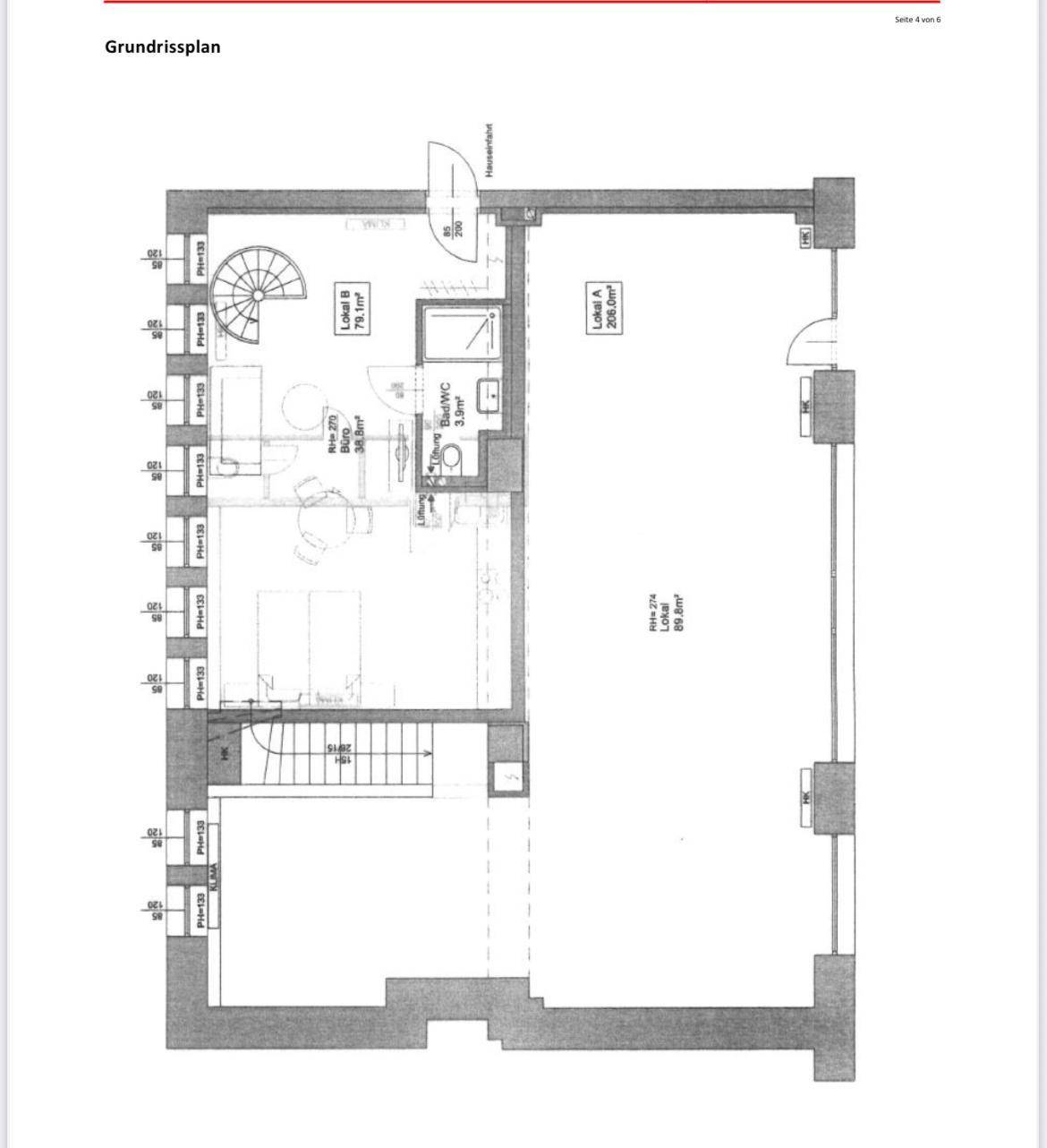 Grundrissplan einer Etage mit zwei großen Gewerbeflächen, einem Bad und einem Lagerraum.