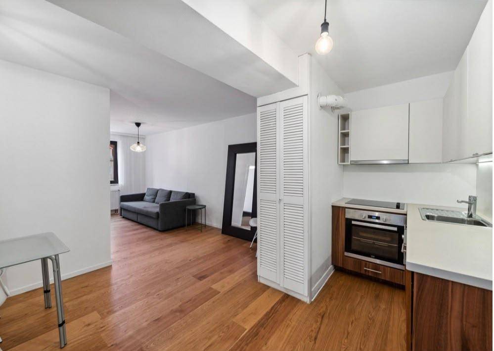 Offener Wohnbereich mit integrierter Küchenzeile, Sofa und Holzboden, ideal für kompaktes Wohnen.