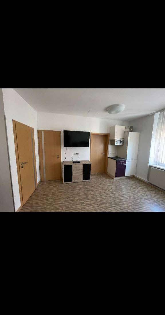 Wohnbereich mit kleiner Küchenzeile, einem Fernseher und mehreren Holztüren.