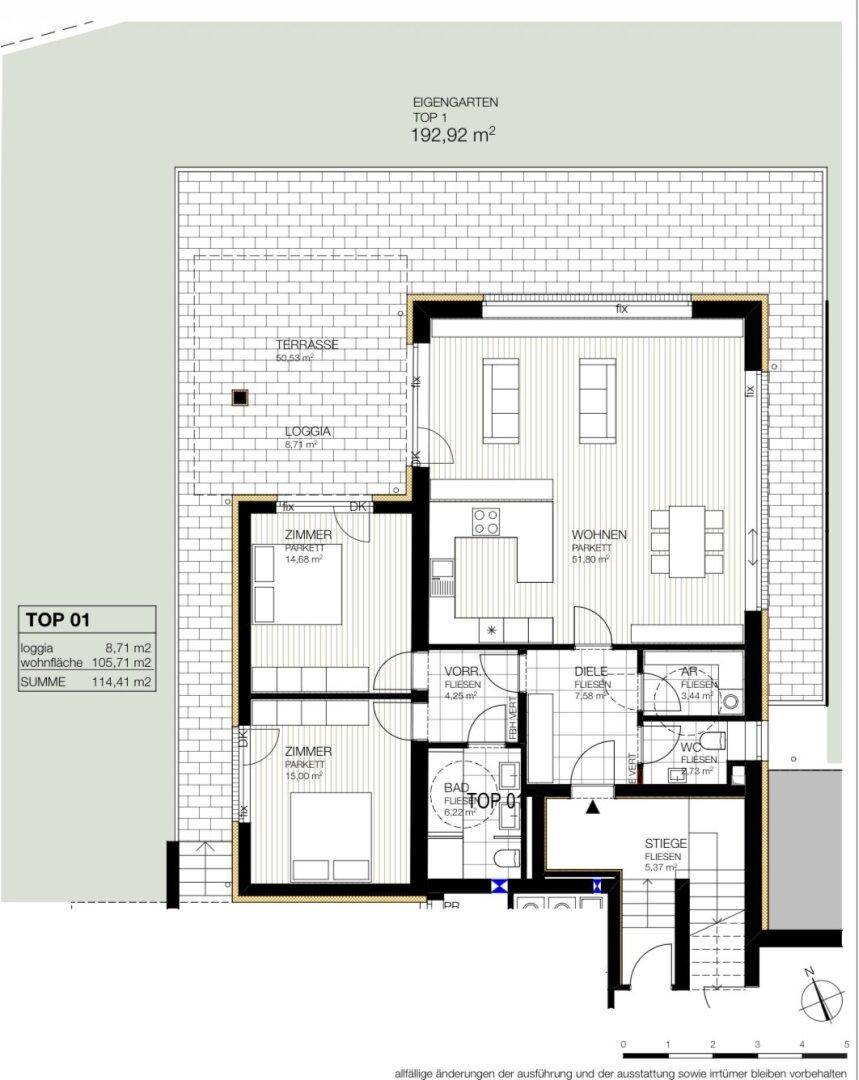 Grundriss der Wohneinheit Top 1 mit Terrasse, Loggia und Gartenbereich.