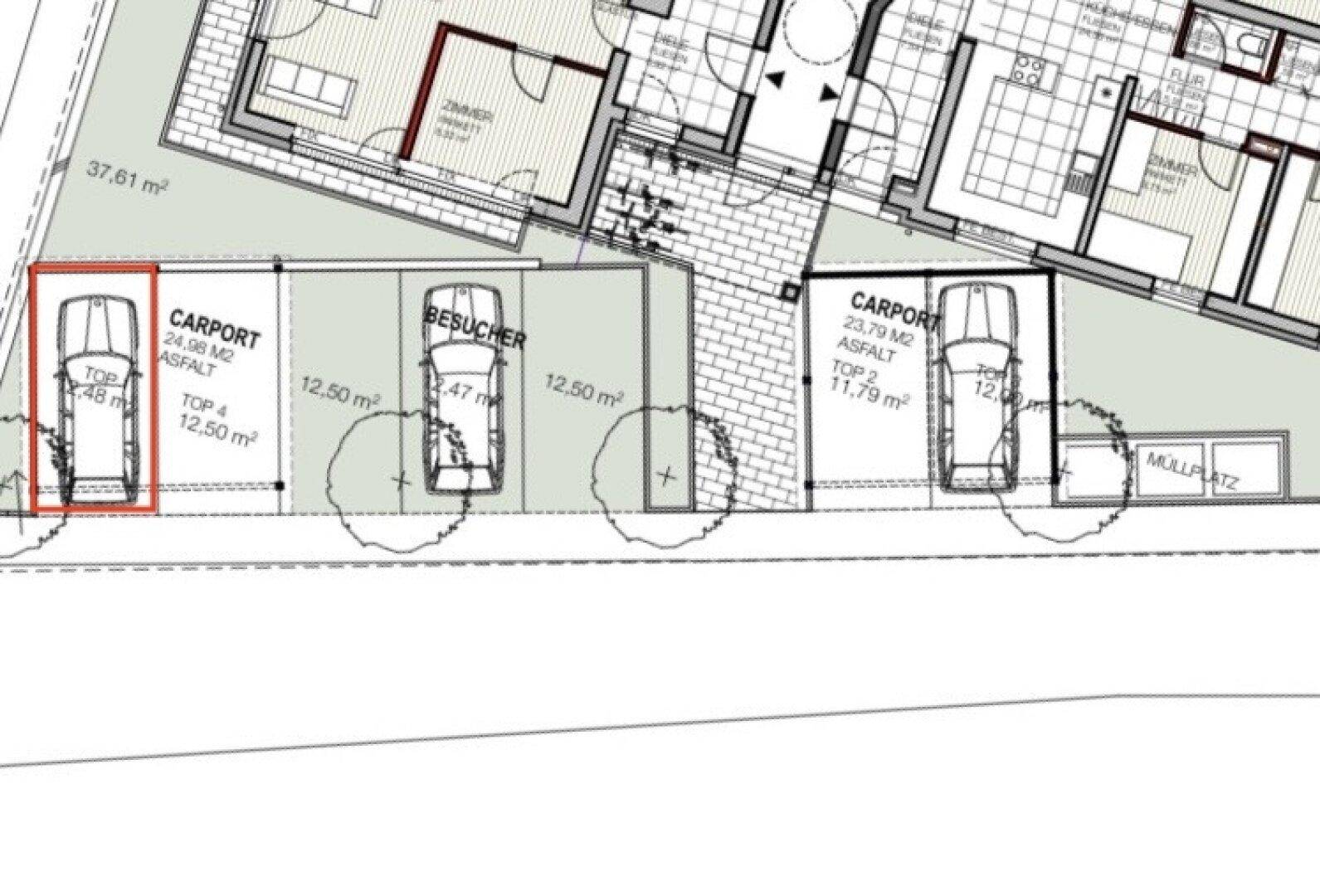 Lageplan mit Carports und Besucherparkplätzen für die Wohneinheiten.