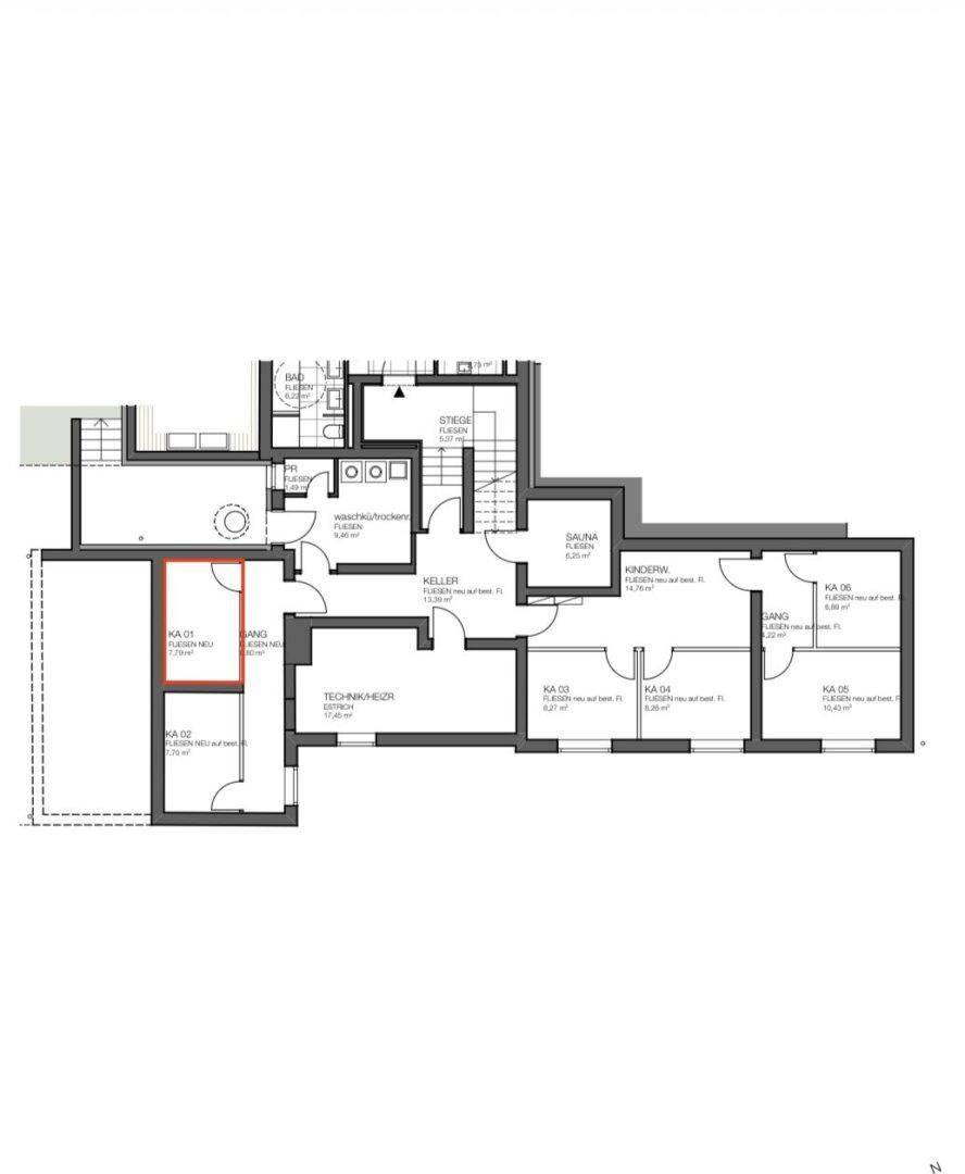Grundriss des Kellergeschosses mit Technikraum, Sauna und weiteren Abstellräumen.