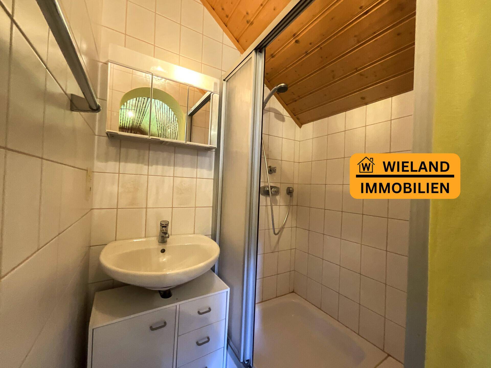 Kleines Badezimmer mit Dusche, Waschbecken und Spiegelschrank, sowie Holzdecke.