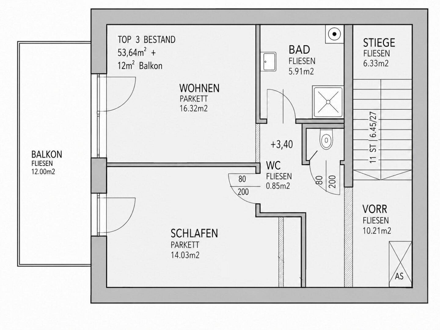 Grundriss der Wohnung mit Wohnzimmer, Schlafzimmer, Bad, WC, Vorratsraum und großem Balkon.
