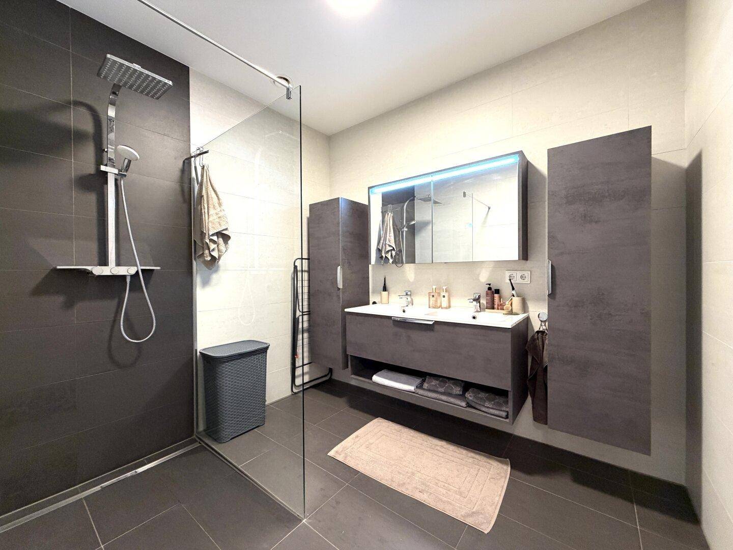 Modernes Badezimmer mit begehbarer Dusche, Regendusche und stilvollem Waschtisch mit Spiegelschrank.
