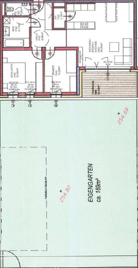 Grundriss der Wohnung mit drei Schlafzimmern, offenem Wohnbereich und großem Eigengarten.