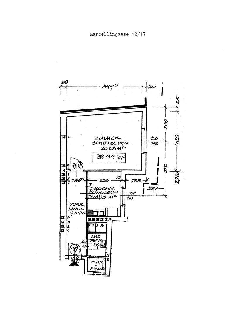 Grundrissplan einer Wohnung mit Zimmer, Küche und Terrasse.