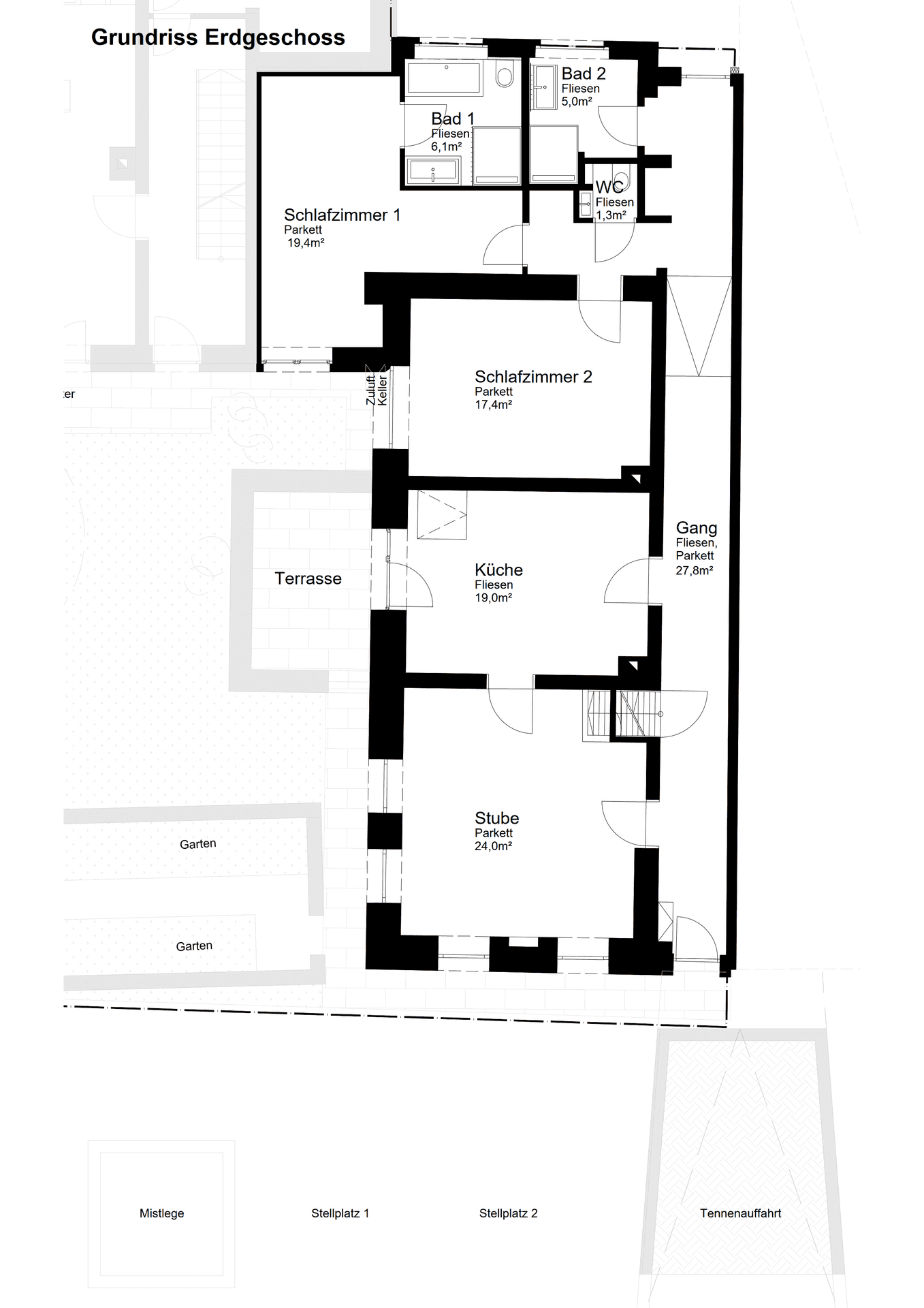 Grundriss des Erdgeschosses mit zwei Schlafzimmern, zwei Bädern, Küche, Stube und Terrasse.