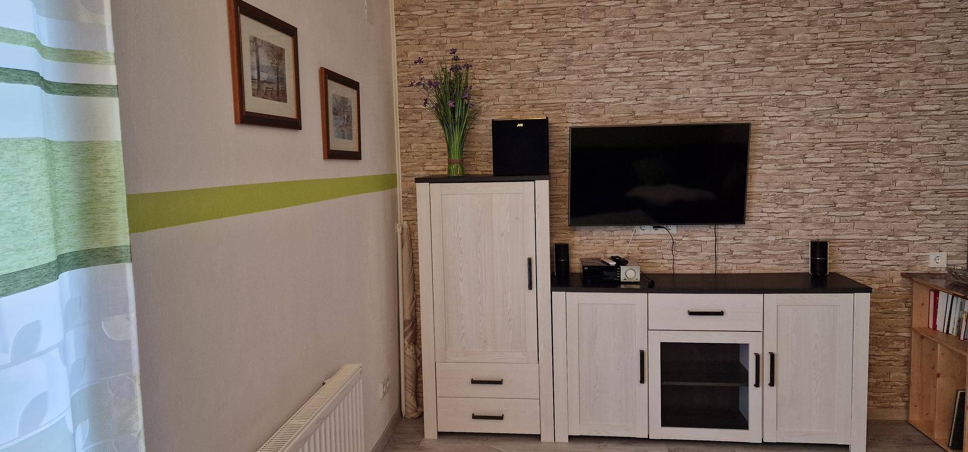Wohnzimmer mit Steinwand-Optik, weißem Sideboard und Flachbildfernseher, ergänzt durch grüne Akzente.
