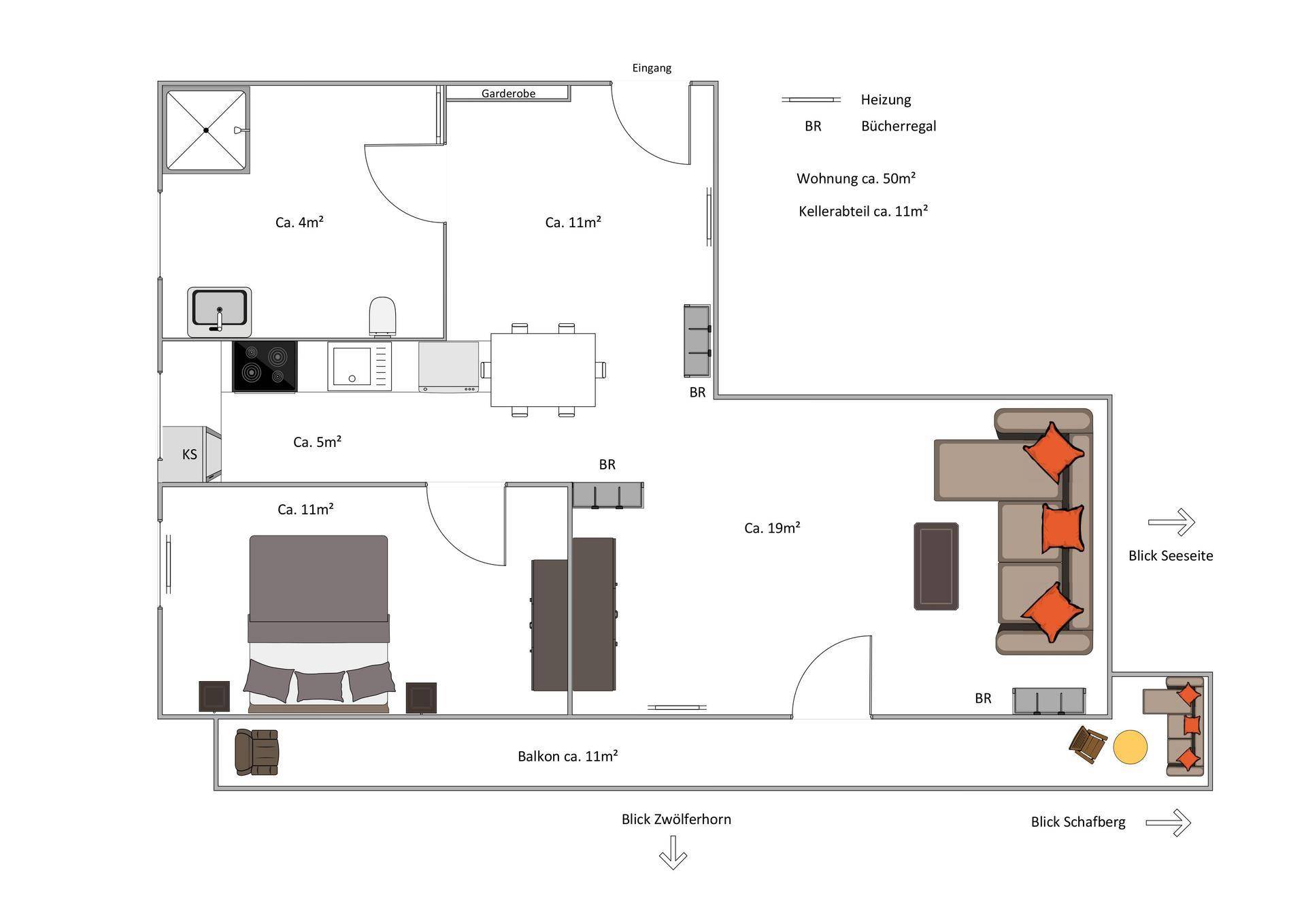 Grundriss einer 2-Zimmer-Wohnung mit Balkon, separater Küche und Blick auf See und Berge.
