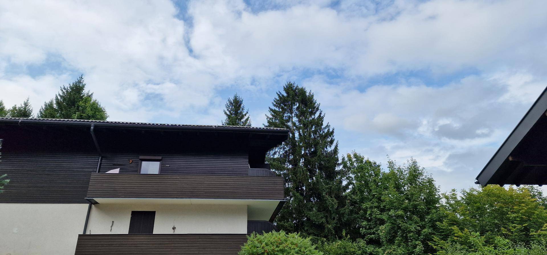 Dunkelbraunes Gebäude mit Balkon und grünen Bäumen im Hintergrund unter bewölktem Himmel.