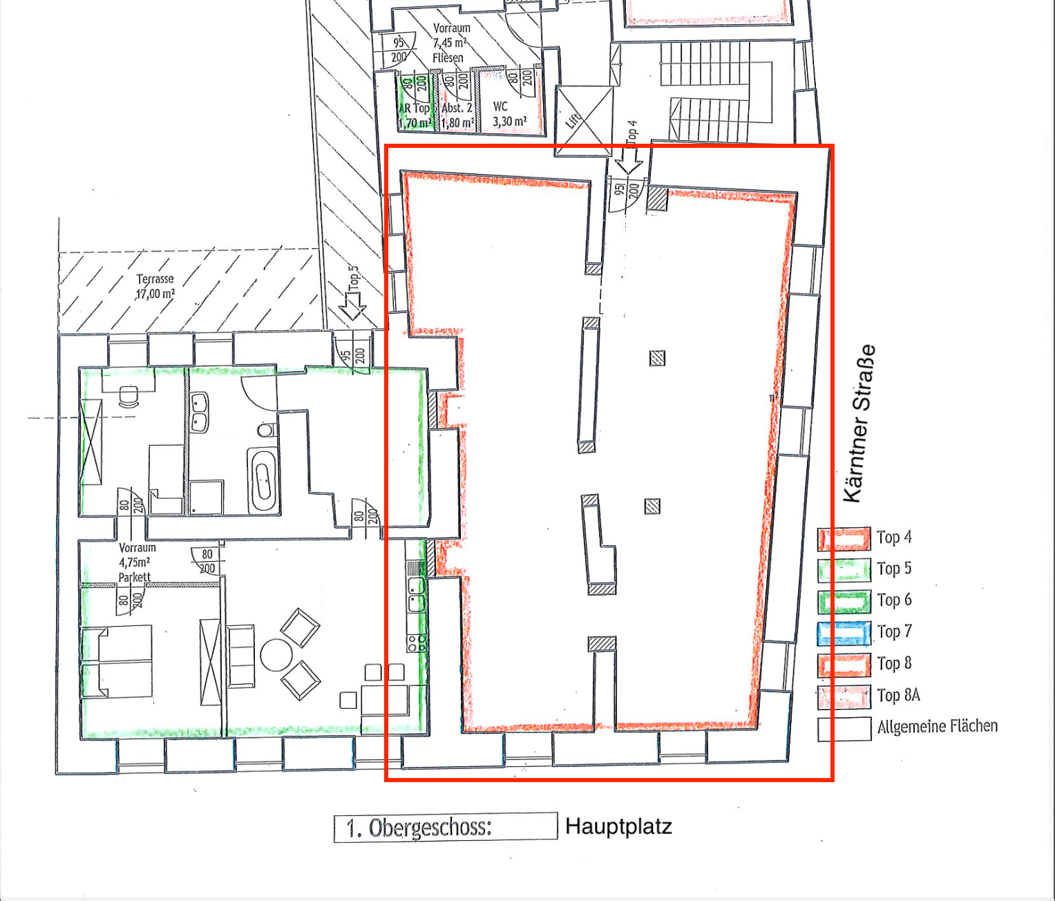 Grundriss des ersten Obergeschosses mit verschiedenen Einheiten, einer Terrasse und Bädern.