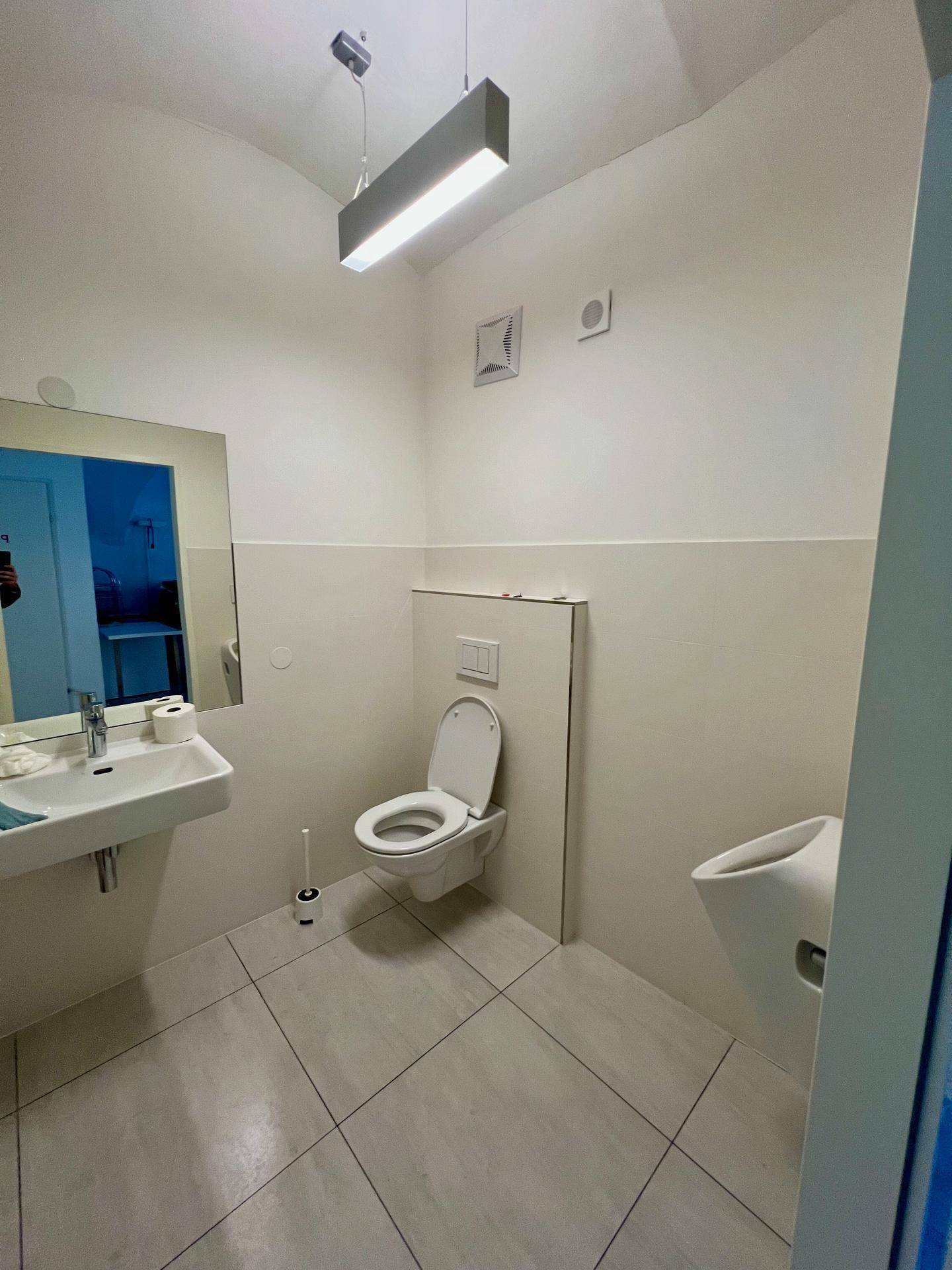 Modernes Badezimmer mit Wand-WC, Urinal, Waschbecken und einem Lüftungsventil an der Decke.