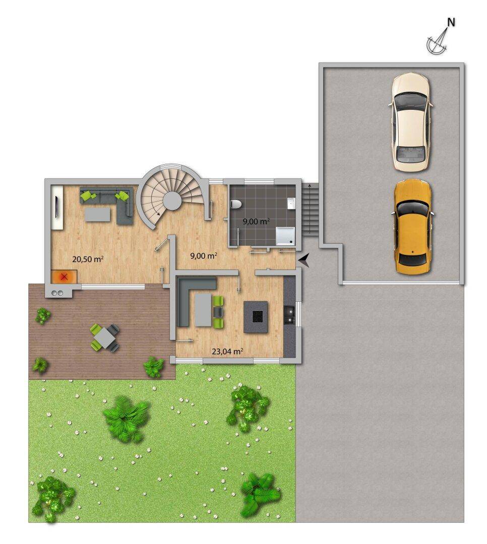 Grundriss des Erdgeschosses mit offenem Wohnbereich, Küche, Terrasse, Garten und zwei Parkplätzen.